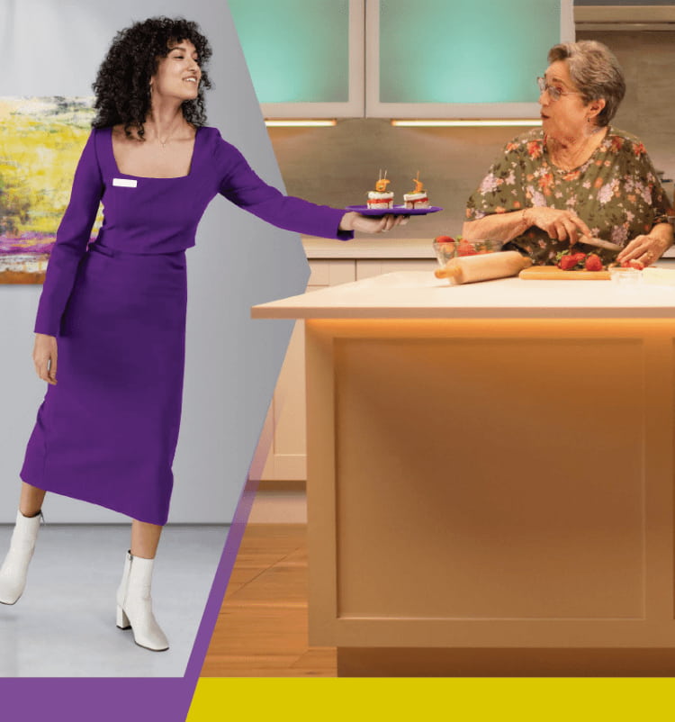 Background of a person in a purple dress handing a plate of food to another person
